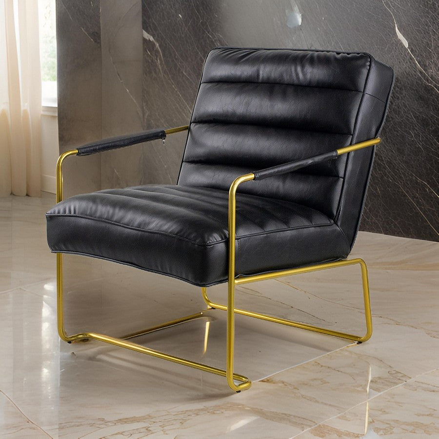 30 Inch Accent Chair, Gold Iron Frame, Channel Tufted Black Faux Leather - BM311972