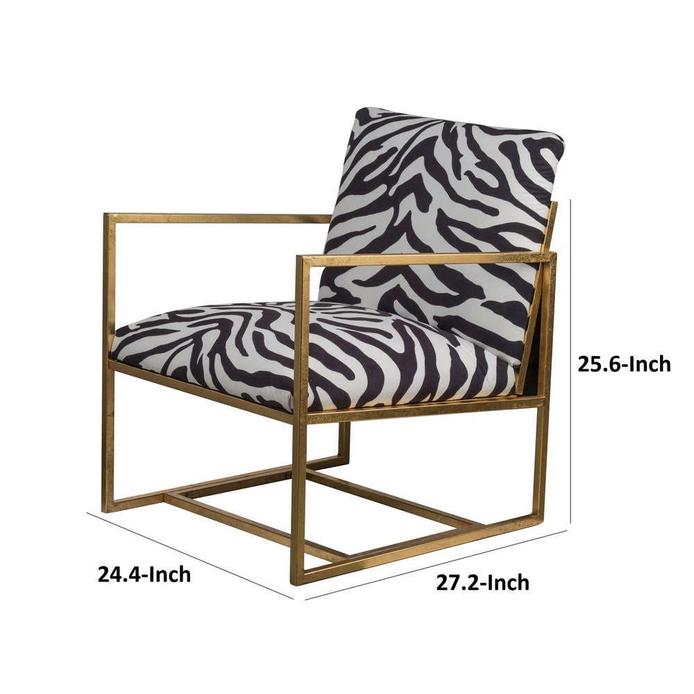 27 Inch Accent Armchair with Zebra Print, Polyester Upholstery, Iron, Gold - BM311973