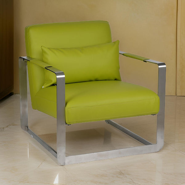 29 Inch Accent Lounge Chair, Cushion, Stainless Steel, Green Faux Leather - BM311976