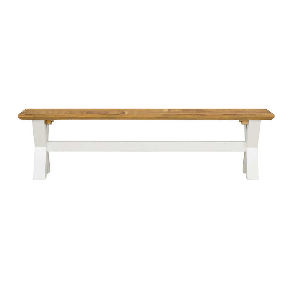 70 Inch Dining Bench, White X Leg Trestle Base, Acacia Wood, Brown Seat - BM311978