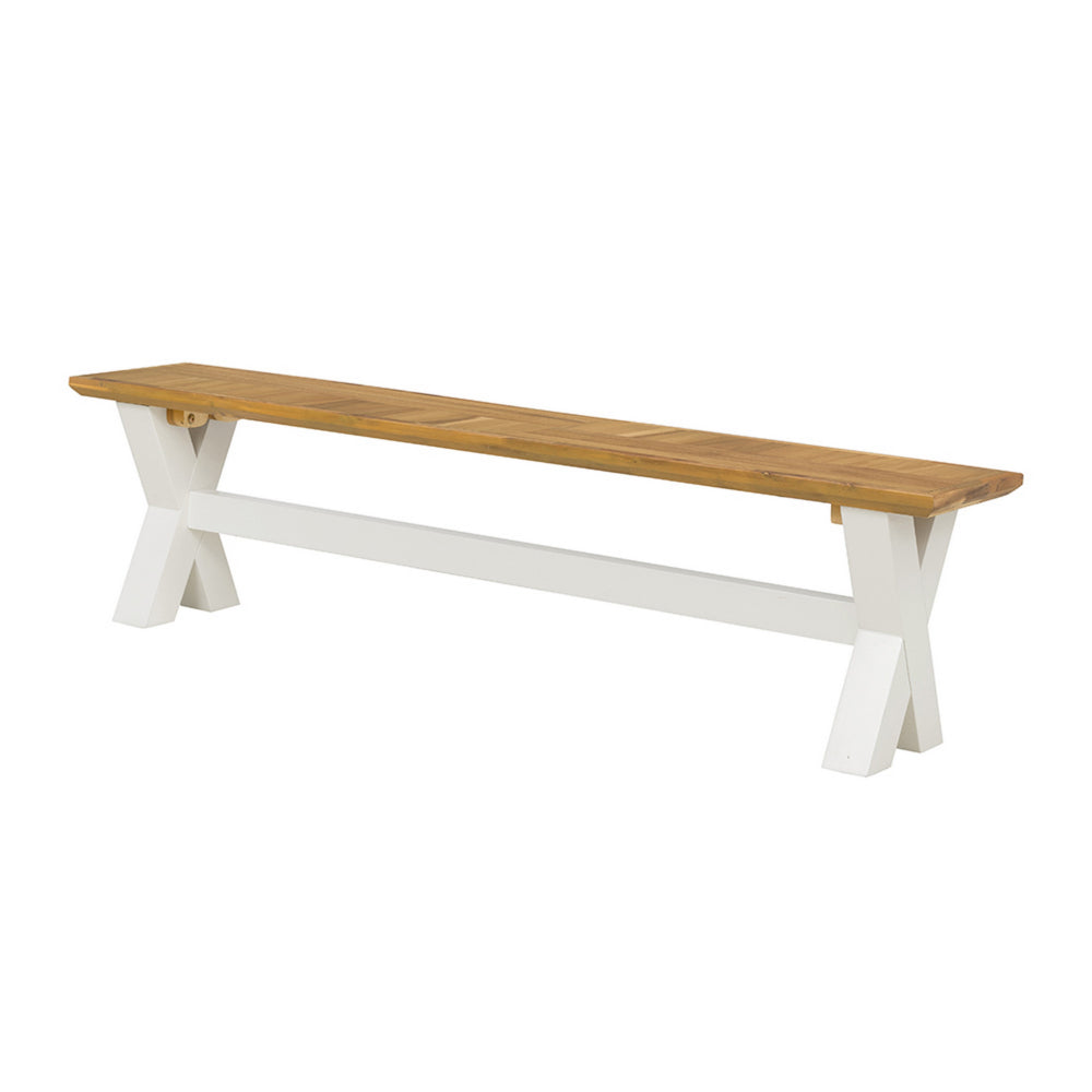 70 Inch Dining Bench, White X Leg Trestle Base, Acacia Wood, Brown Seat - BM311978