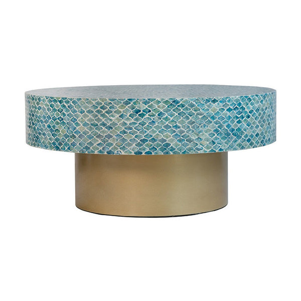 Piki 35 Inch Coffee Table, Round, Mughal Capiz Inlaid Pattern, Blue, Gold  - BM311979
