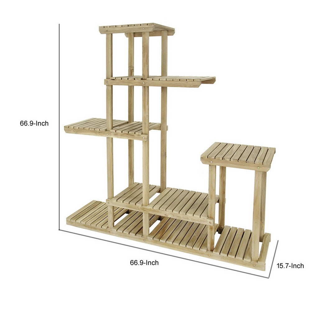 67 Inch Flower, Plant Stand, Multi Tier Shelf Design, Natural Teak Wood - BM311987