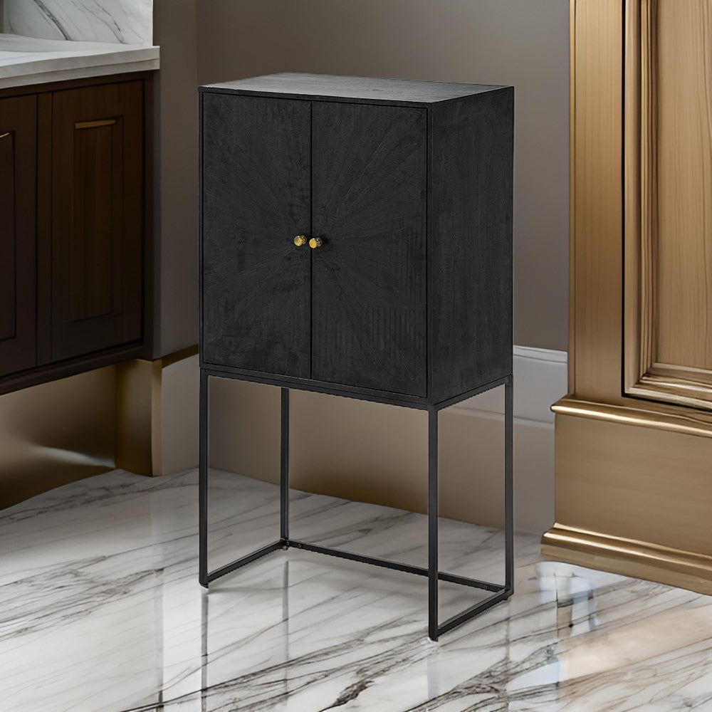 59 Inch Accent Cabinet, 2 Doors, Iron Stand, Acacia Wood, MDF, Black  - BM311994