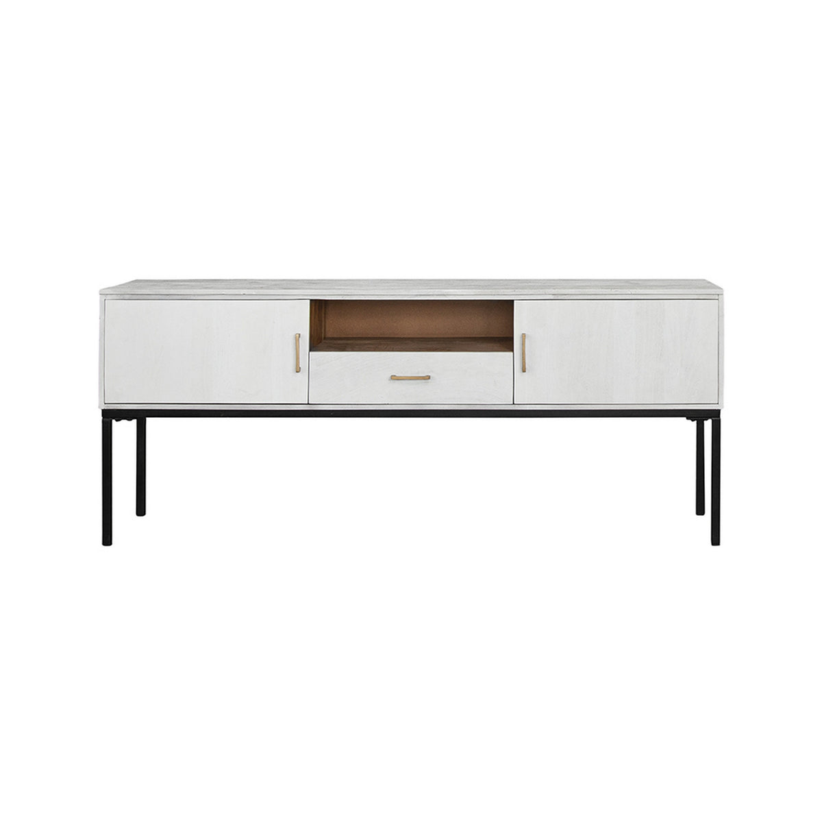 72 Inch TV Media Entertainment Console, 2 Doors, White Wood, Black Iron - BM311995