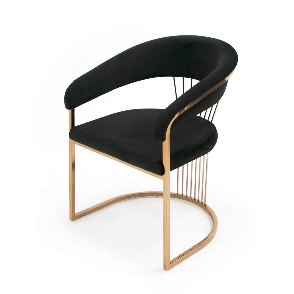 25 Inch Rose Gold Dining Chair, Plush Cushion, Metal Legs, Black Velvet  - BM312013