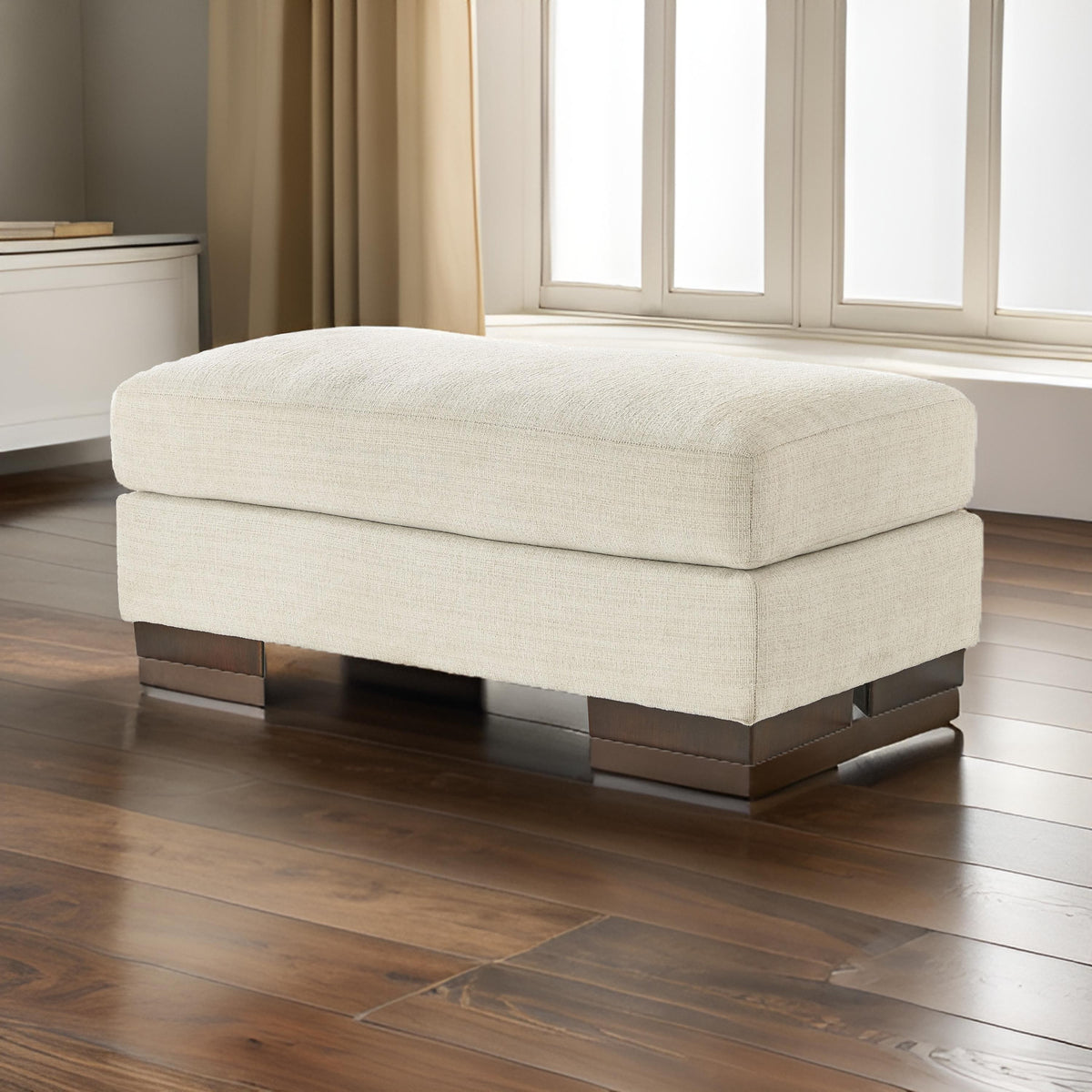 Magg 44 Inch Ottoman, Low Profile Block Feet, Beige Polyester Upholstery - BM312043