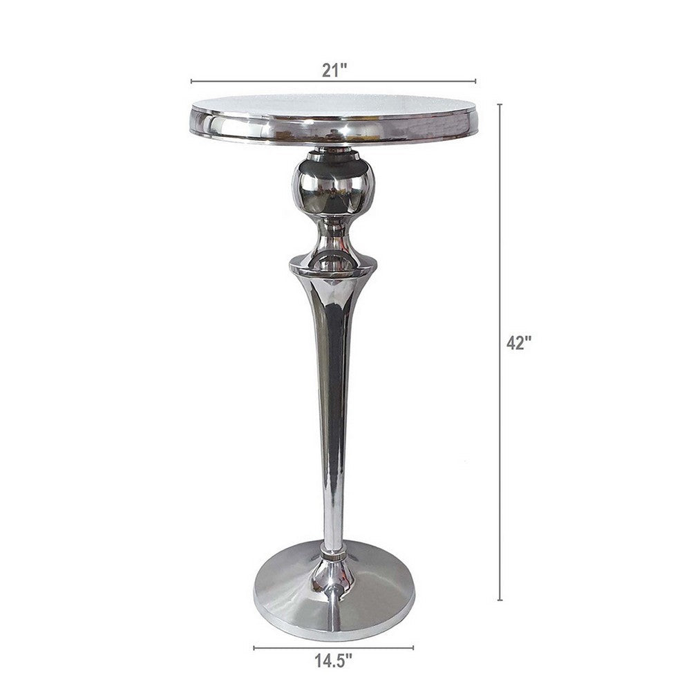 42 Inch Bar Drink Table, Round Top, Slender Turned Support, Chrome Metal - BM312075