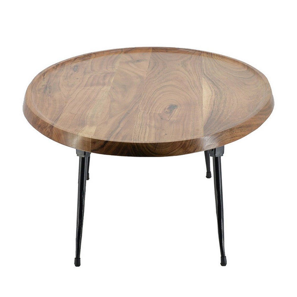 Aji 31 Inch Coffee Table, Oval Acacia Wood Top, Iron Legs, Brown and Black - BM312076