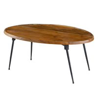 Aji 31 Inch Coffee Table, Oval Acacia Wood Top, Iron Legs, Brown and Black - BM312076