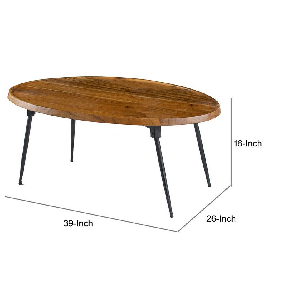 Aji 39 Inch Coffee Table, Oval Brown Wood Grain Acacia Wood Top, Metal Legs - BM312077