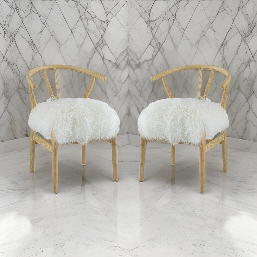 44 Inch Accent Chair Set of 2, White Faux Fur, Wishbone, Beige Ash Wood - BM312078