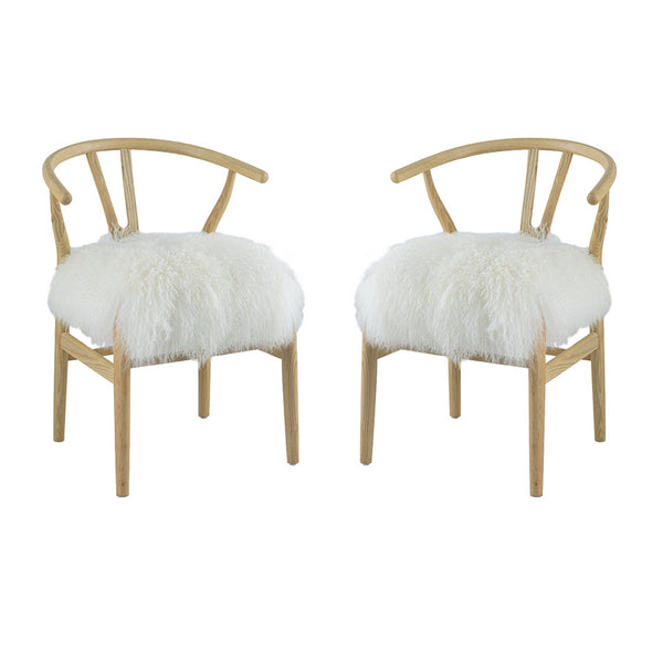 44 Inch Accent Chair Set of 2, White Faux Fur, Wishbone, Beige Ash Wood - BM312078