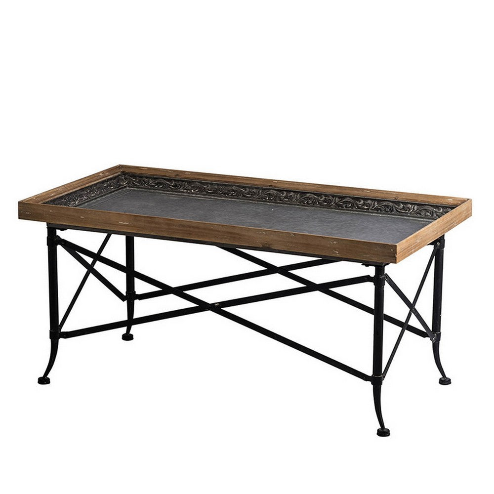 44 Inch Coffee Table, Vintage Style Wood Tray Top, Metal Base, Brown, Black - BM312079