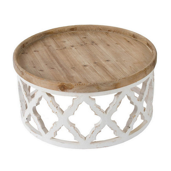 32 Inch Coffee Table, Carved Wood, Round Tray Top, Brown and White Finish - BM312080