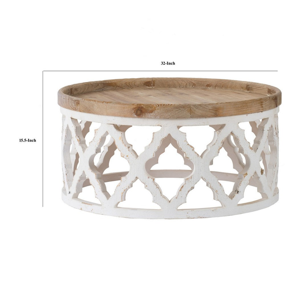 32 Inch Coffee Table, Carved Wood, Round Tray Top, Brown and White Finish - BM312080