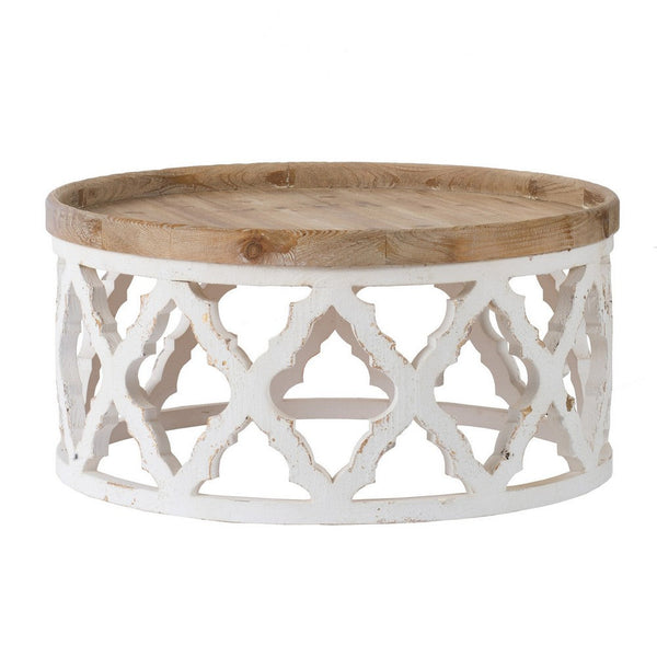 32 Inch Coffee Table, Carved Wood, Round Tray Top, Brown and White Finish - BM312080