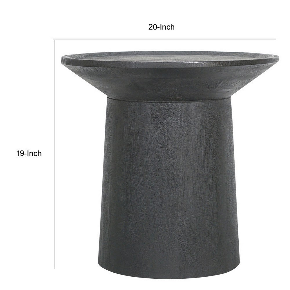 20 Inch Side End Table, Round Mango Wood Top, Cylindrical Base, Black - BM312081