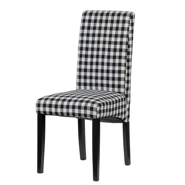 21 Inch Side Dining Chair Set of 2, Black, White Checkered Gingham Fabric  - BM312084