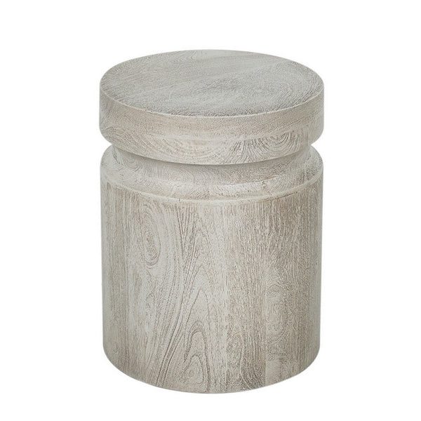 Kiv 18 Inch Side End Table, Round Mango Wood Top, Carved Accent Base, Gray - BM312085