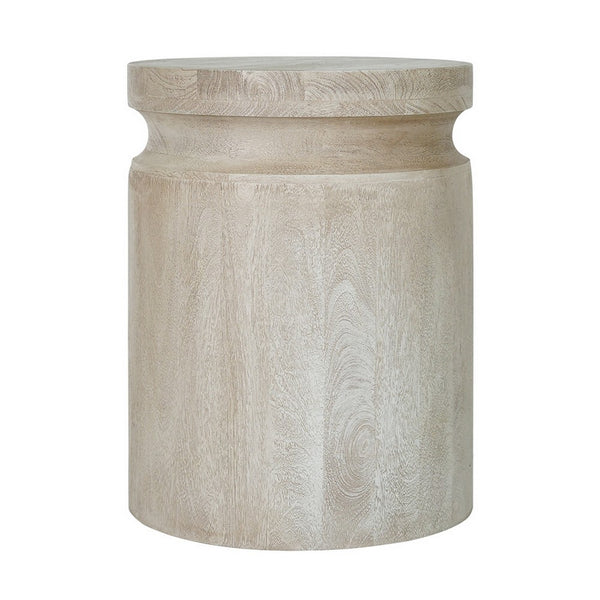 Kiv 24 Inch Side End Table, Round Mango Wood Top, Carved Accent Base, Cream - BM312086
