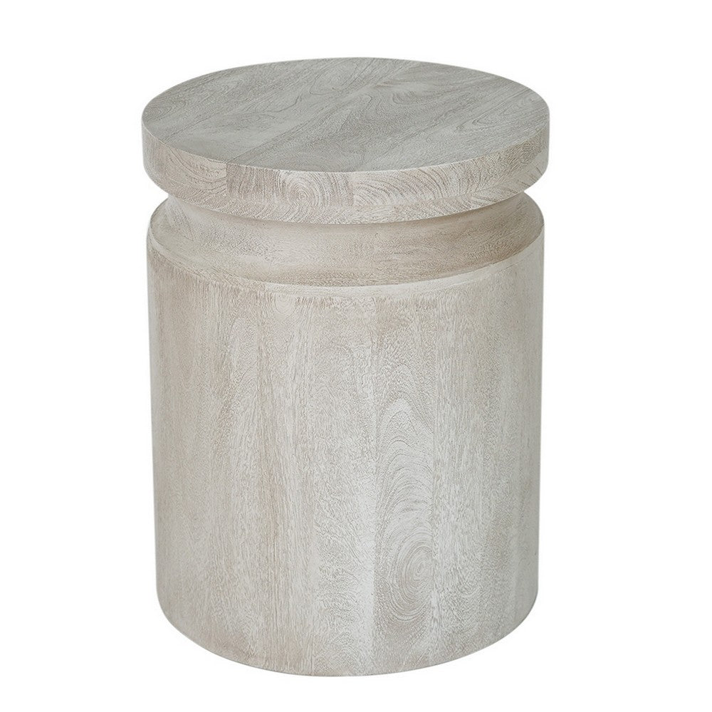 Kiv 24 Inch Side End Table, Round Mango Wood Top, Carved Accent Base, Cream - BM312086