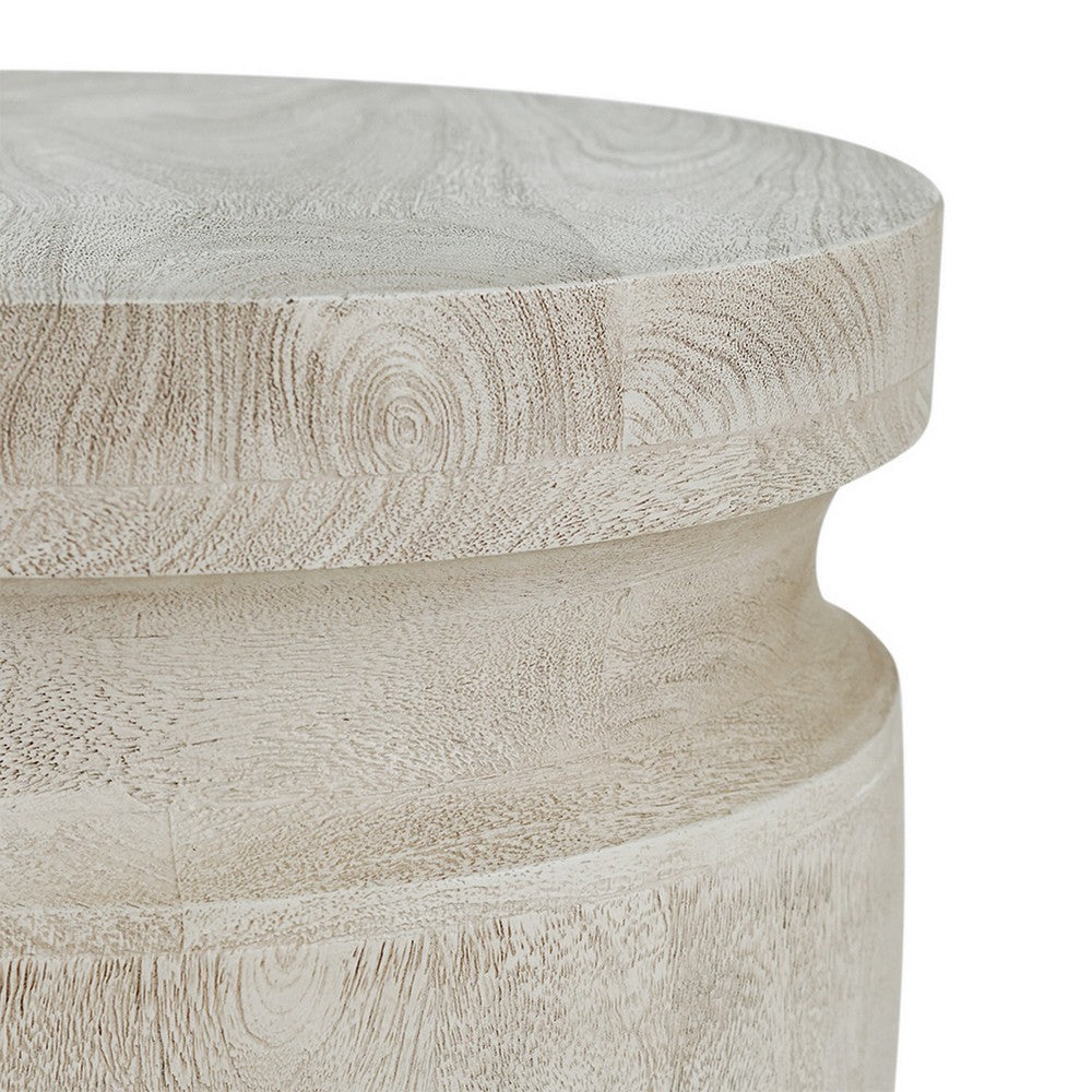 Kiv 24 Inch Side End Table, Round Mango Wood Top, Carved Accent Base, Cream - BM312086