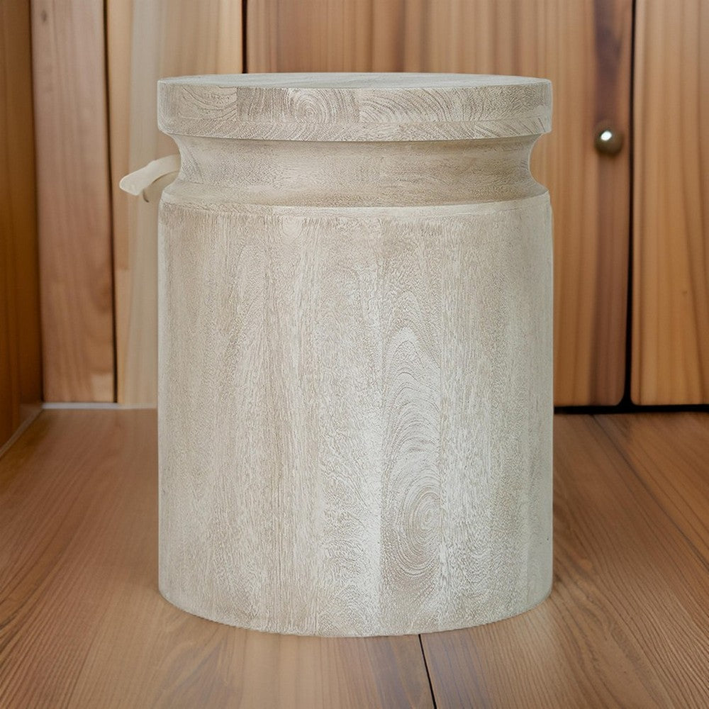 Kiv 24 Inch Side End Table, Round Mango Wood Top, Carved Accent Base, Cream - BM312086