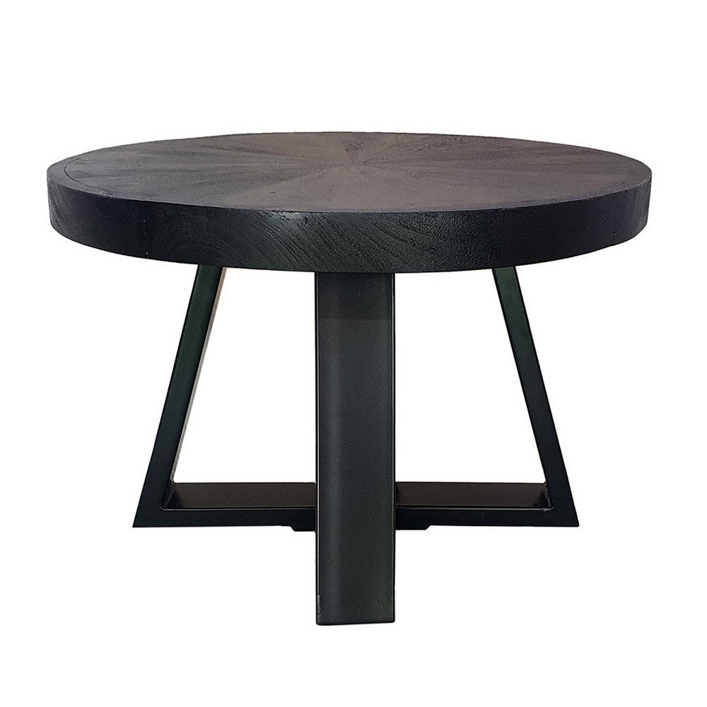 Raj 24 Inch Round Coffee Table, Cross Leg Design, Black Acacia Wood, Iron - BM312091