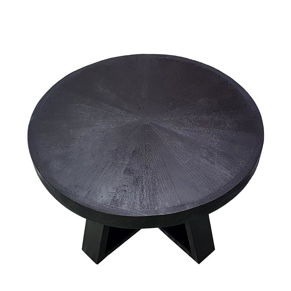 Raj 24 Inch Round Coffee Table, Cross Leg Design, Black Acacia Wood, Iron - BM312091