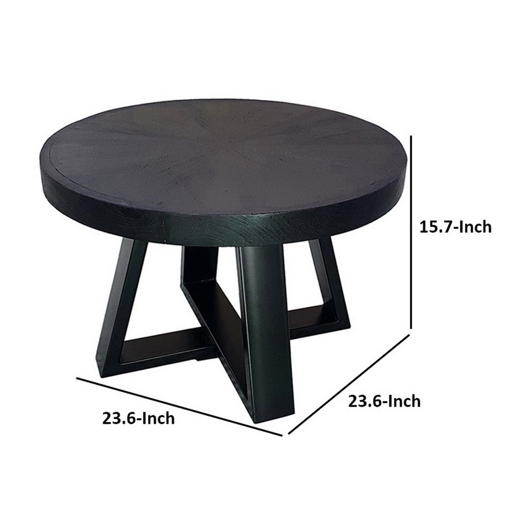 Raj 24 Inch Round Coffee Table, Cross Leg Design, Black Acacia Wood, Iron - BM312091