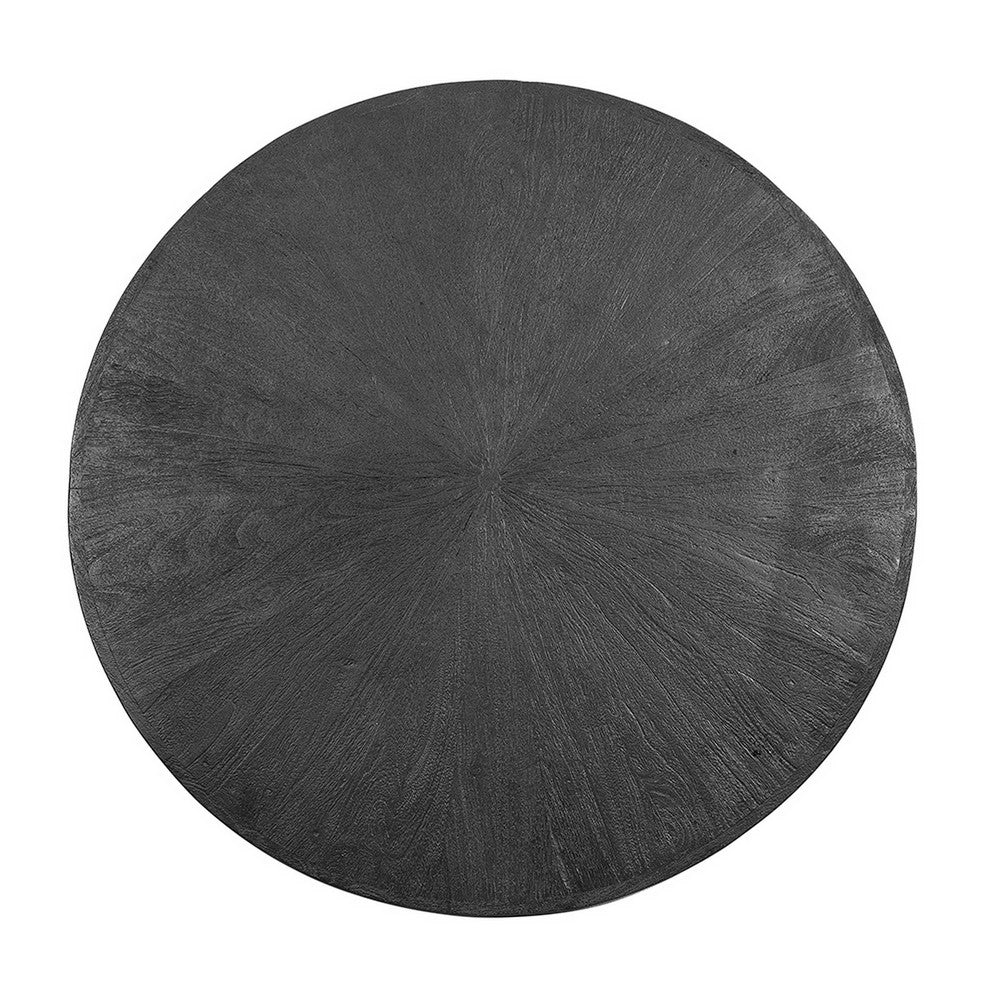 Raj 39 Inch Round Coffee Table, Cross Legs Design, Black Acacia Wood, Iron - BM312092