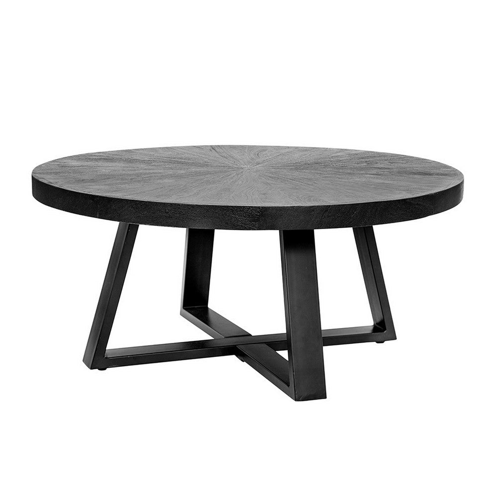 Raj 39 Inch Round Coffee Table, Cross Legs Design, Black Acacia Wood, Iron - BM312092