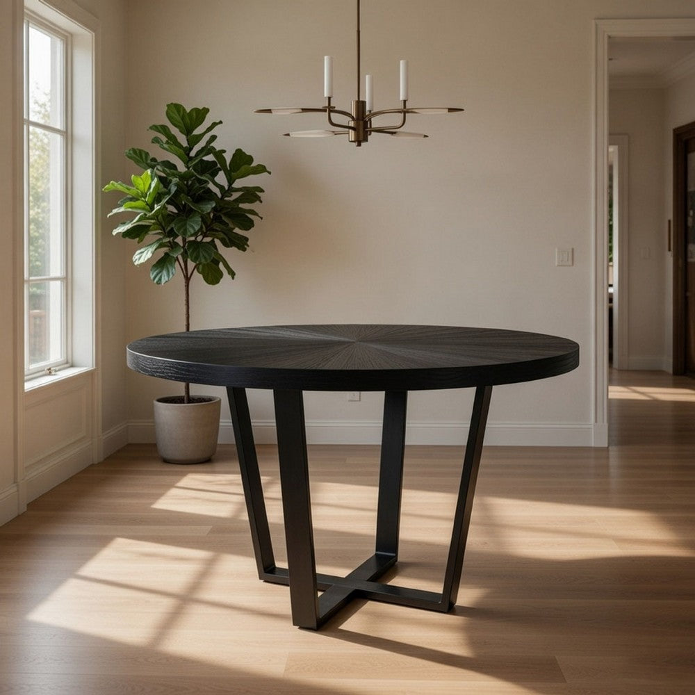 Raj 47 Inch Round Dining Table, Cross Legs Design, Black Acacia Wood, Iron - BM312094