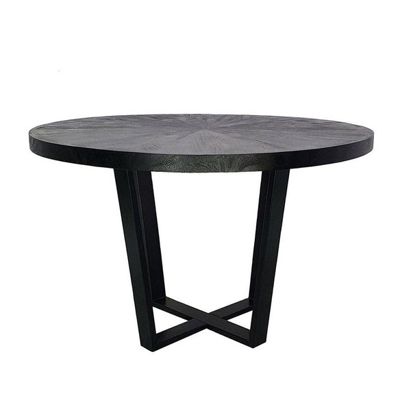 Raj 47 Inch Round Dining Table, Cross Legs Design, Black Acacia Wood, Iron - BM312094