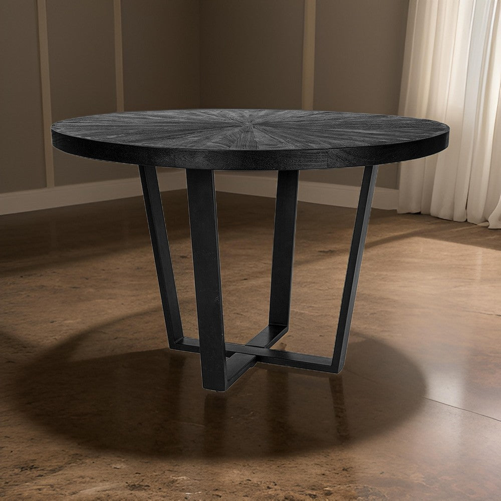 Raj 47 Inch Round Dining Table, Cross Legs Design, Black Acacia Wood, Iron - BM312094