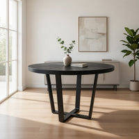 Raj 47 Inch Round Dining Table, Cross Legs Design, Black Acacia Wood, Iron - BM312094