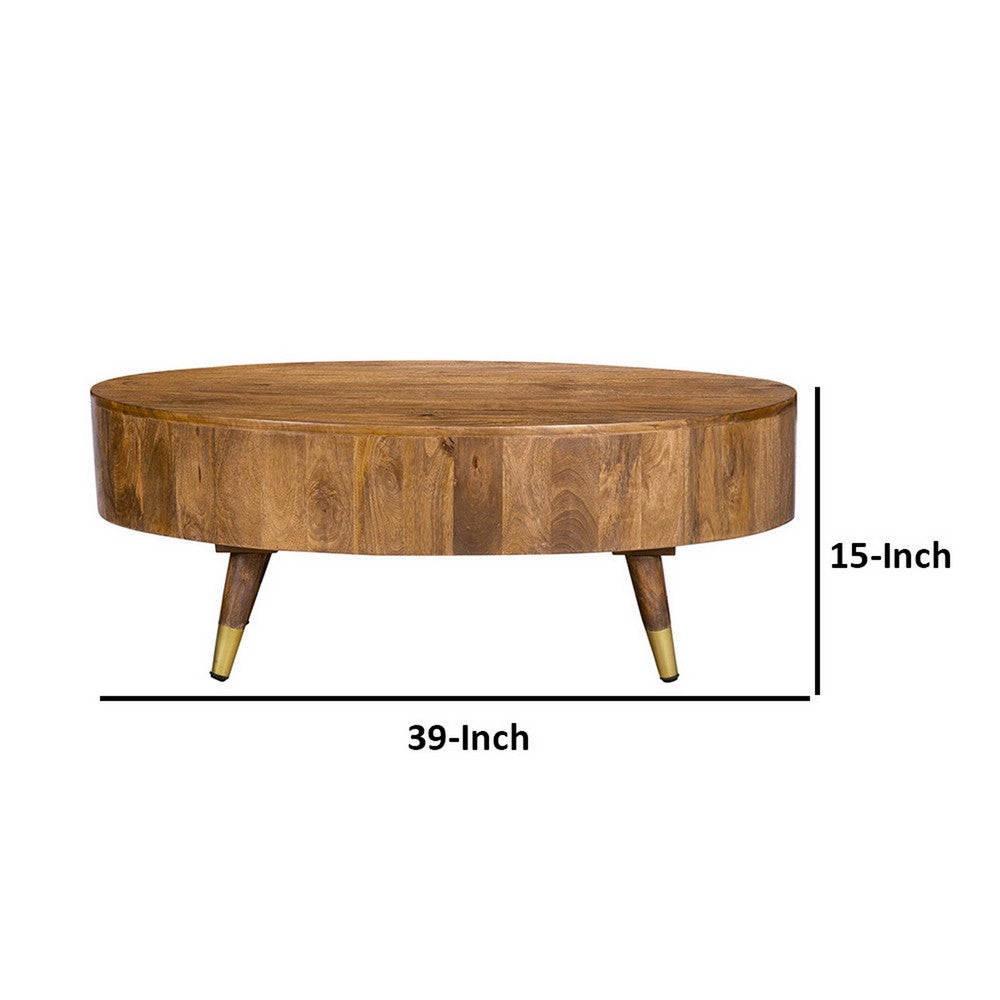 39 Inch Coffee Table, Oval Mango Wood Top, Angled Iron Legs, Rustic Brown - BM312098