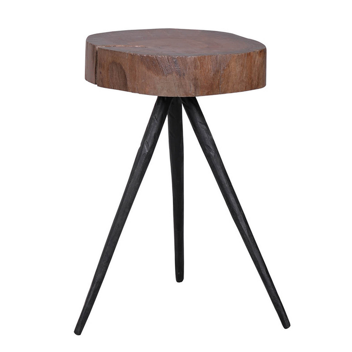 24 Inch Side End Table, Round Mango Wood Brown Tree Top, Black Metal Tripod - BM312099