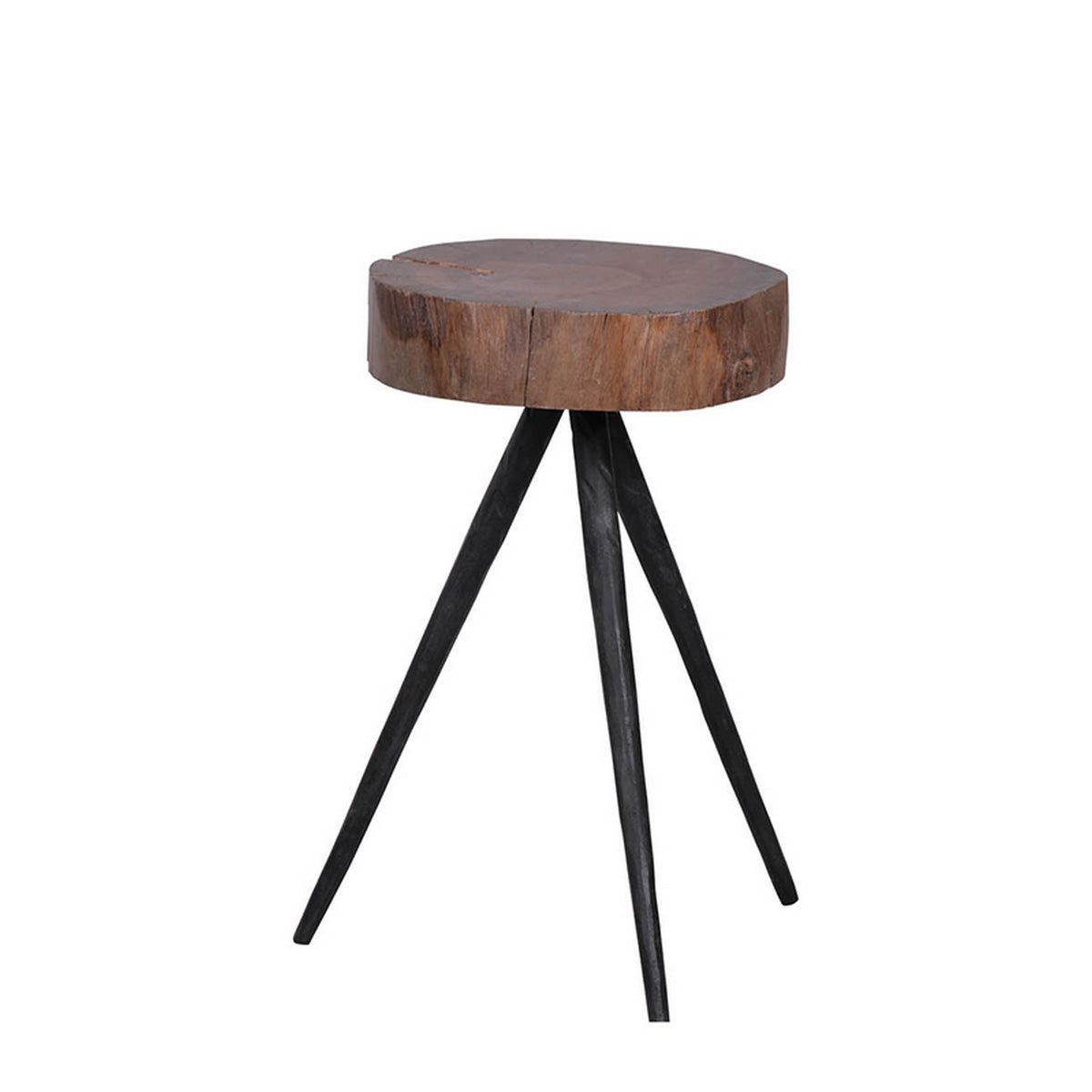 24 Inch Side End Table, Round Mango Wood Brown Tree Top, Black Metal Tripod - BM312099