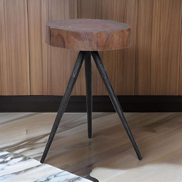 24 Inch Side End Table, Round Mango Wood Brown Tree Top, Black Metal Tripod - BM312099