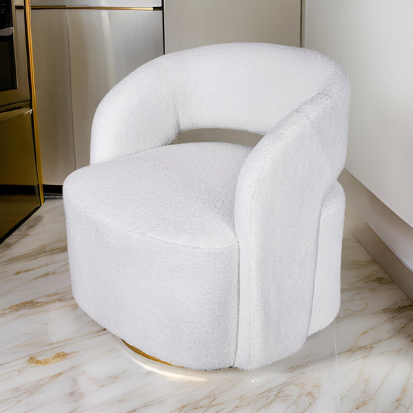 Xion 30 Inch Swivel Accent Chair, White Fabric Upholstery, Gold Iron Base - BM312103