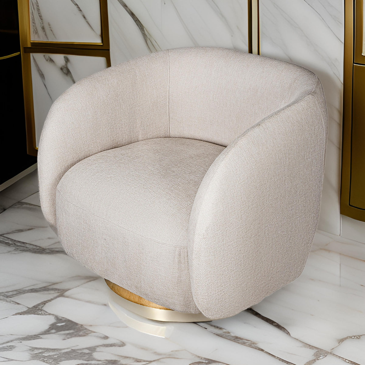 Eros 35 Inch Swivel Accent Chair, Plush White Fabric Upholstery, Gold Base - BM312107