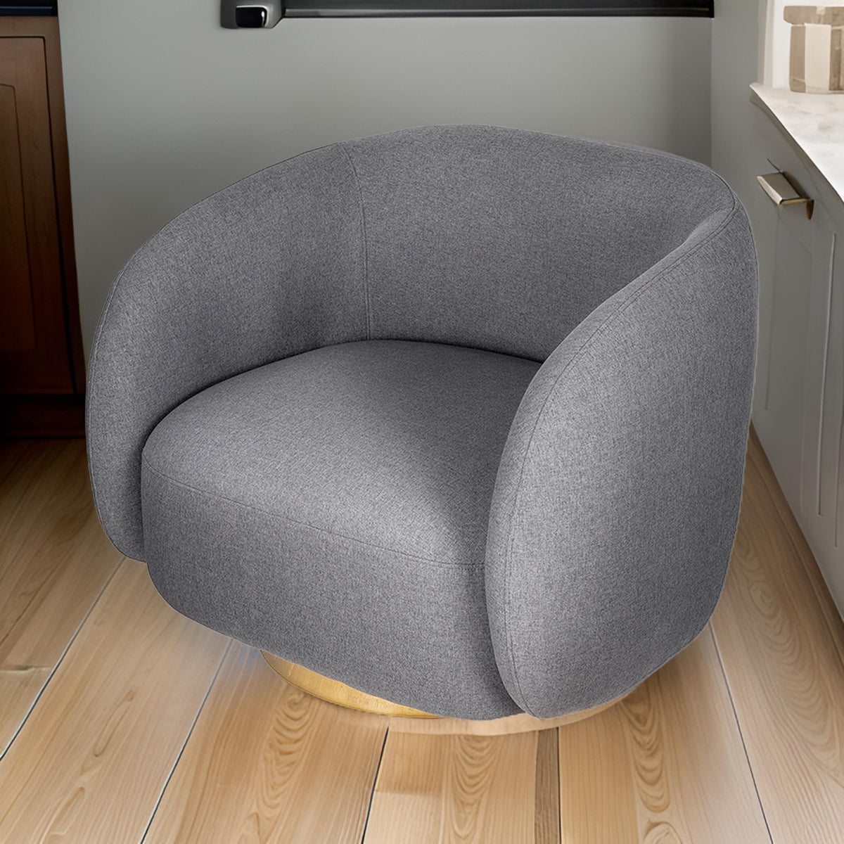 Eros 35 Inch Swivel Accent Chair, Plush Gray Fabric Upholstery, Gold Base - BM312108