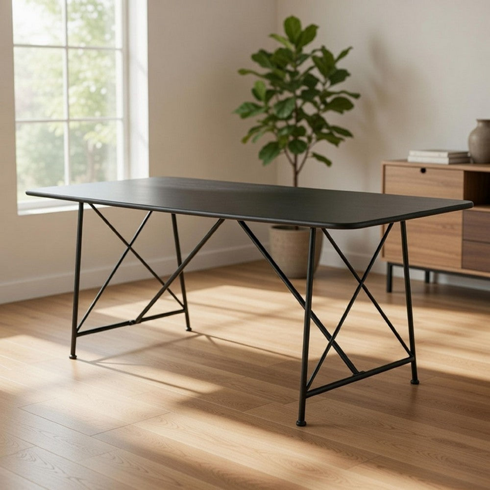 79 Inch Dining Table, Black Rectangular Top, Sleek X Shaped Iron Legs - BM312109