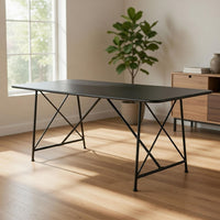 79 Inch Dining Table, Black Rectangular Top, Sleek X Shaped Iron Legs - BM312109