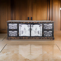 57 Inch Accent Sideboard Cabinet, White Damask Print Drawers, Brown Wood - BM312110