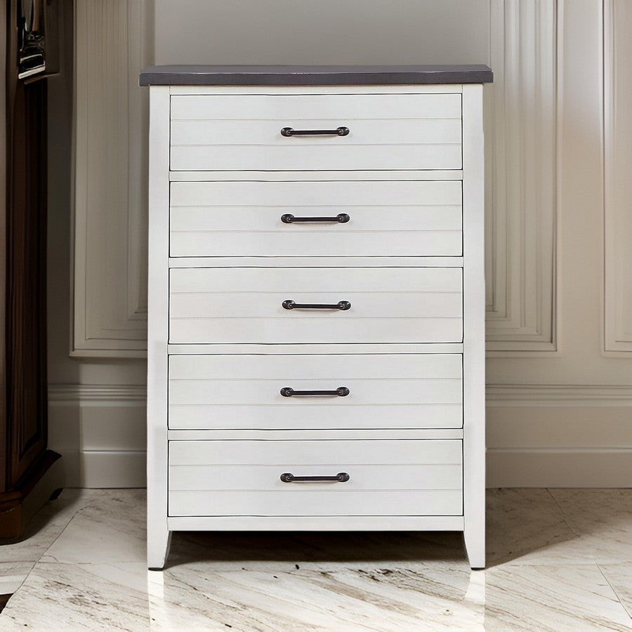 Akira 42 Inch Tall Dresser Chest, 5 Drawers, White Solid Wood, Gray Top - BM312113