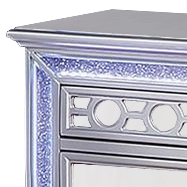 Amara 30 Inch Nightstand, LED Lights, Knobs, Mirror Panels, Wood, Silver - BM312118