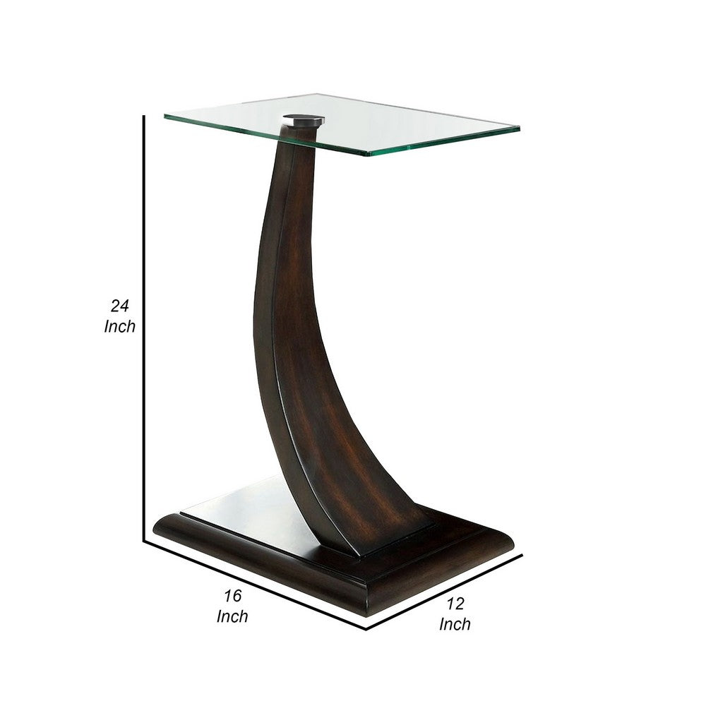 24 Inch Side Table, Curved Panel Base Design, Glass, Dark Brown Wood Finish - BM312122